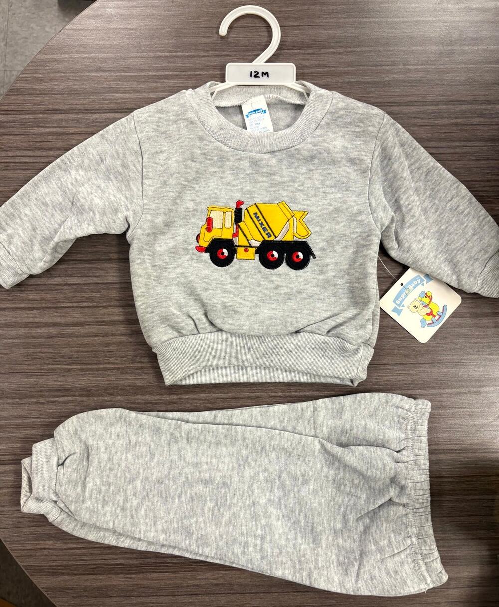 Vintage Super Baby Sweatshirt Pants Set Boys Size 12M Gray Truck Embroidered